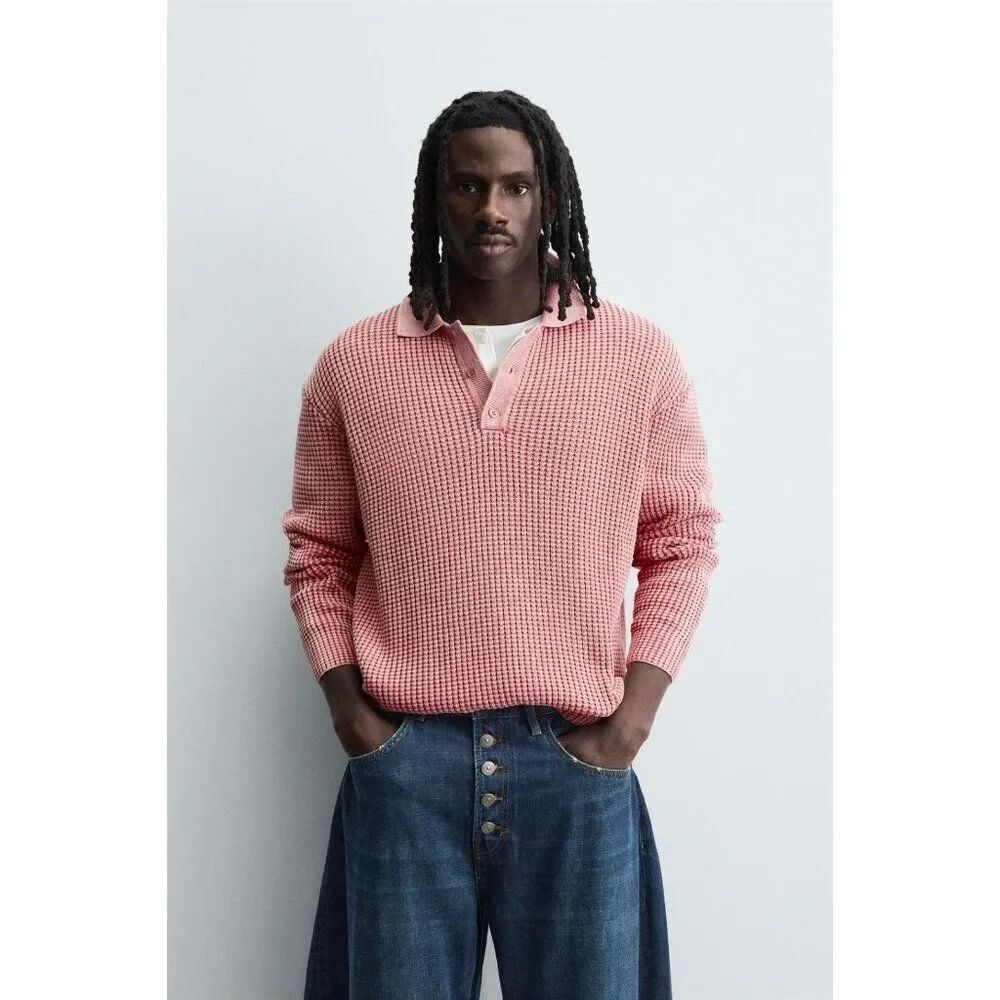 Zara Mens Polo Shirt Sweater M Pink Washed Waffle Knit Cotton 3920/249 NWOT